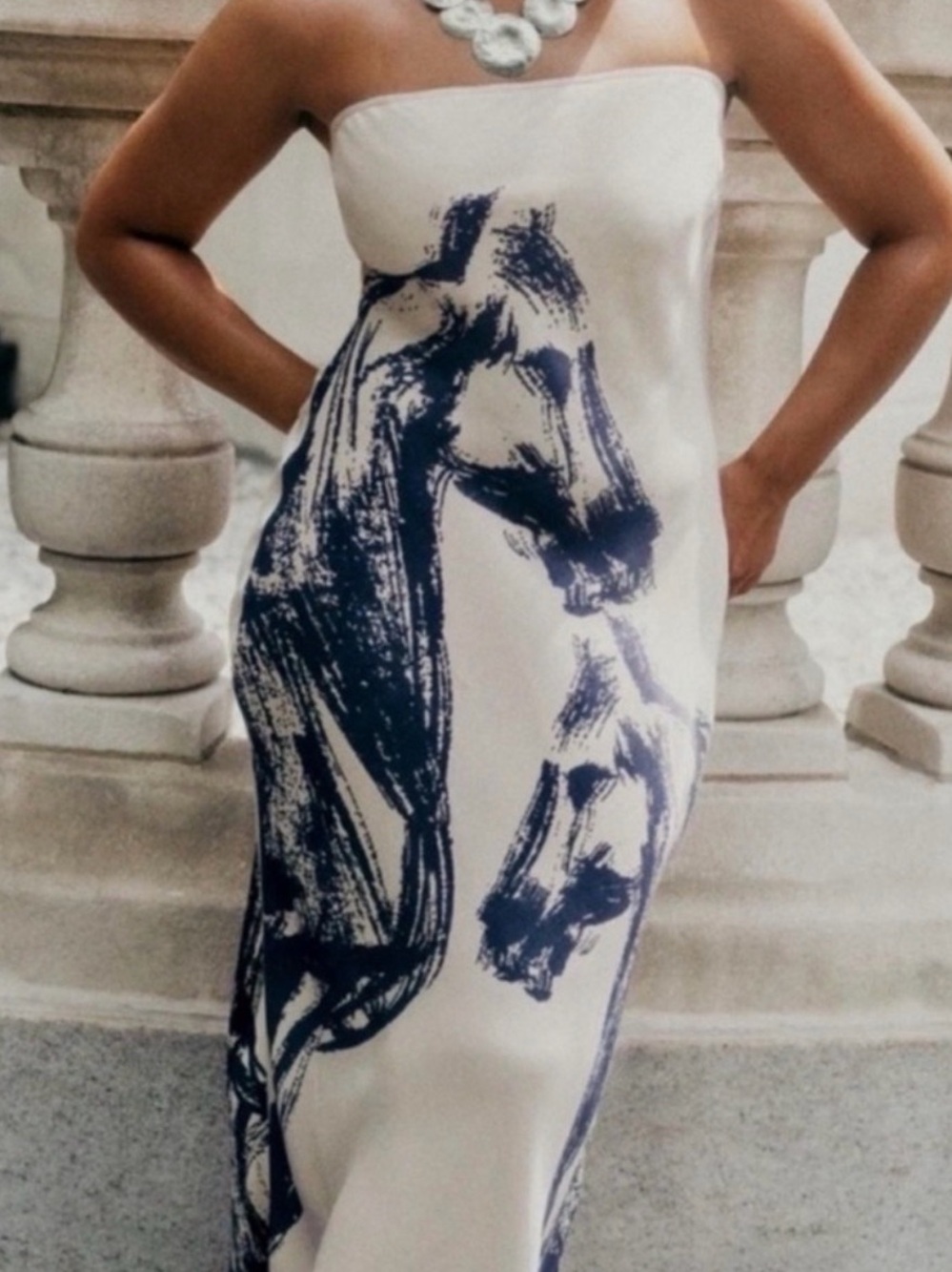 Strapless Off White Dress with Horse Motif